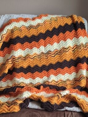 Vintage Handmade Chevron Crochet Throw - Orange, Cream, Brown 42" X 51" Aprox